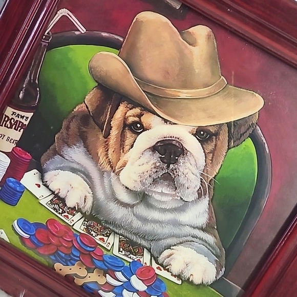 Mahogany Framed Glass English Bull Dog Pup Puppy Poker Gambling Vegas Cowboy Art - Picture 6 of 16